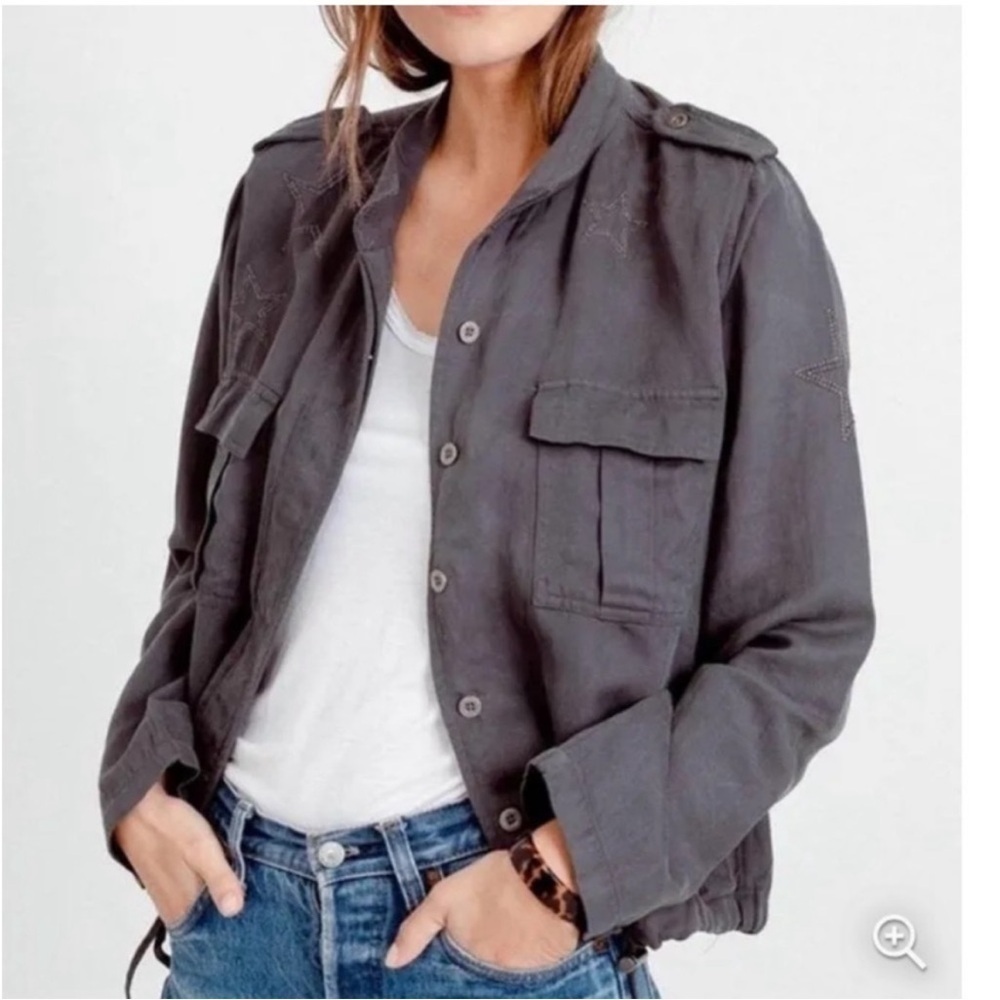 RAILS Rowen Dark Grey Star Embroidered Linen Jacket Military Relaxed Fit Sz S